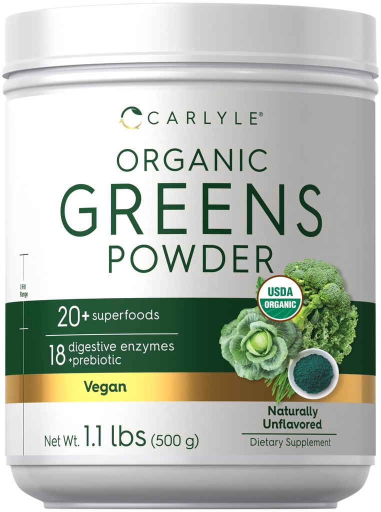 Carlyle Organic Greens Powder | 17,6 oz Supplement | Leevendab juhuslikku gaasi, ebamugavust ja puhumist | 20+ supertoiduga, 18 seedeensüümiga ja prebiootikumidega | Vegan, GMO-vaba ja gluteenivaba