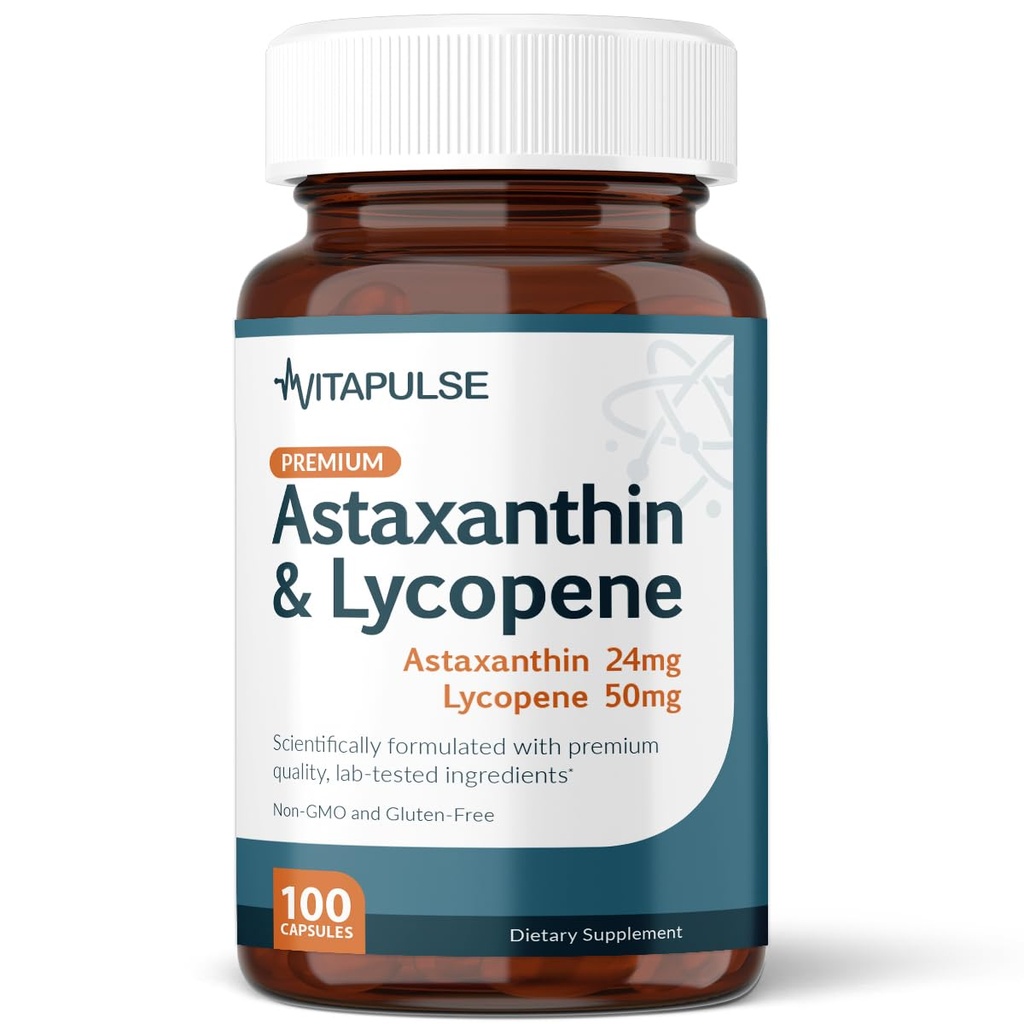 Astaksantiin 24mg koos lükopeeniga 50mg toidulisand, 100 taimset kapslit, mitte-GMO, gluteenivaba