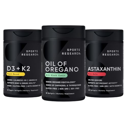 Sport Research® Antioksüdandi tugipakend - Oregano 9500mg õli + D3-vitamiin K2 5000iu + kolmekordne tugevus astaksantiin