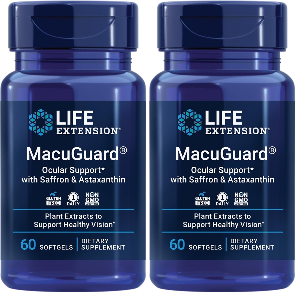 Life Extension MacuGuard Ocular Support koos safrani ja astaksantiiniga - silmade tervise toidulisand tervisliku nägemise jaoks - luteiini, zeaksantiini, meso-zeaksantiini - gluteenivaba, mitte-GMO - 60 pehmegeeliga