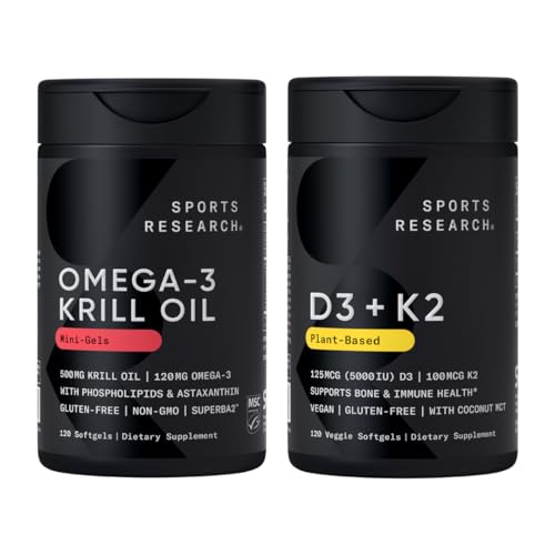 Sport Research® Multivitamiin Pack - Omega-3 Krill õli 500mg w / bensiin, fosfolipiidid & astaksantiin ja vitamiin K2 & Vegan D3 5000iu koos kookospähkli MCT õli - Non-GMO · Gluteenivaba