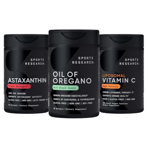 Sport Research® Antioksüdandi tugipakend - Oregano 9500mg õli + kolmekordne tugevus Astaksantiin 12mg + Liposomaalne C-vitamiini lisa 1000 mg