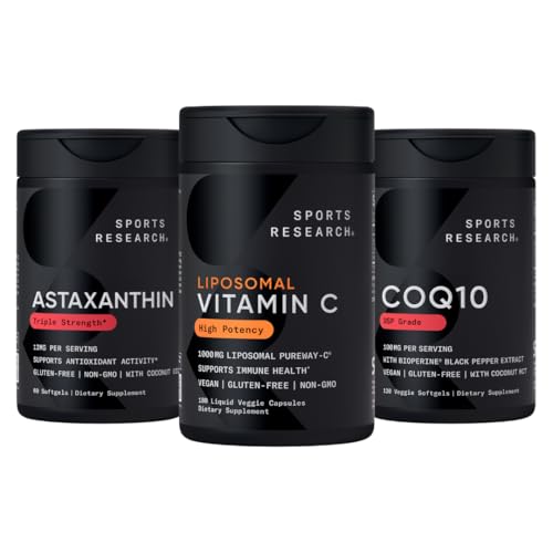 Sport Research® Antioksüdandi tugipakend - kõrge tugevusega liposomaalne C-vitamiini lisa 1000mg + koensüüm Q10 100mg + kolmekordne tugevus astaksantiin 12mg w / orgaaniline kookosõli