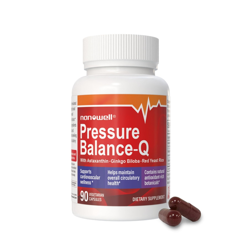 NANOWELL® Rõhubilanss-Q | Antioksüdandi valem loodusliku mitte-GMO astaksantiiniga 12 mg kapsli kohta, Ginkgo Biloba, Policosanool, punane pärmi riis ja rosmariini ekstrakt | 90 taimekapslit