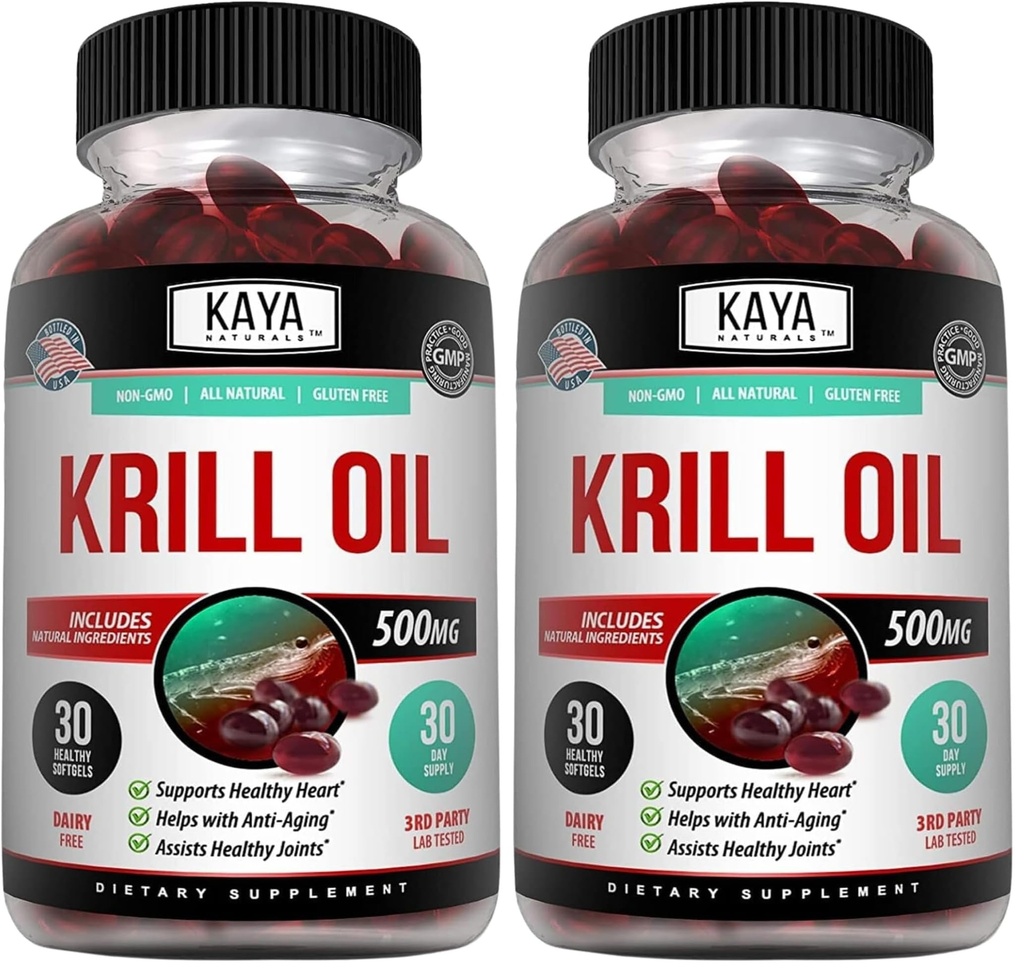 Kaya Naturals - Antarktika krillõli 500mg Omega 3, EPA, DHA, fosfolipiidid ja astaksantiini lisand - Aju ja tervis Vitamiin - Vananemisvastane täiendus - 30 loend Softgels (pakk 2)