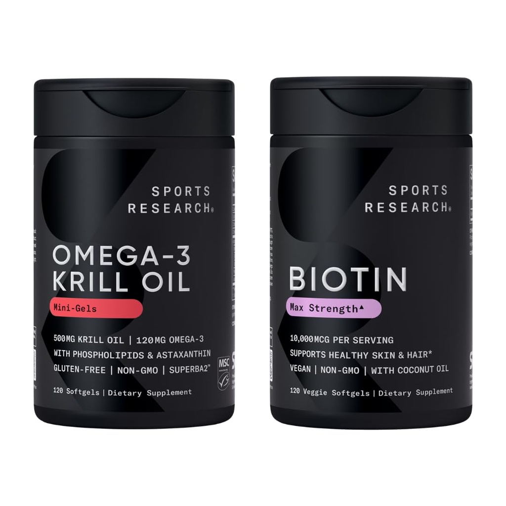 Sport Research® Glow and Flow Pack - Omega-3 Krill Oil 500mg - Puhas Antarktika Superba Krill koos fosfolipiidide, koliin & astaksantiin & Biotin 10 000mcg orgaanilise kookosõli (vitamiin B7)