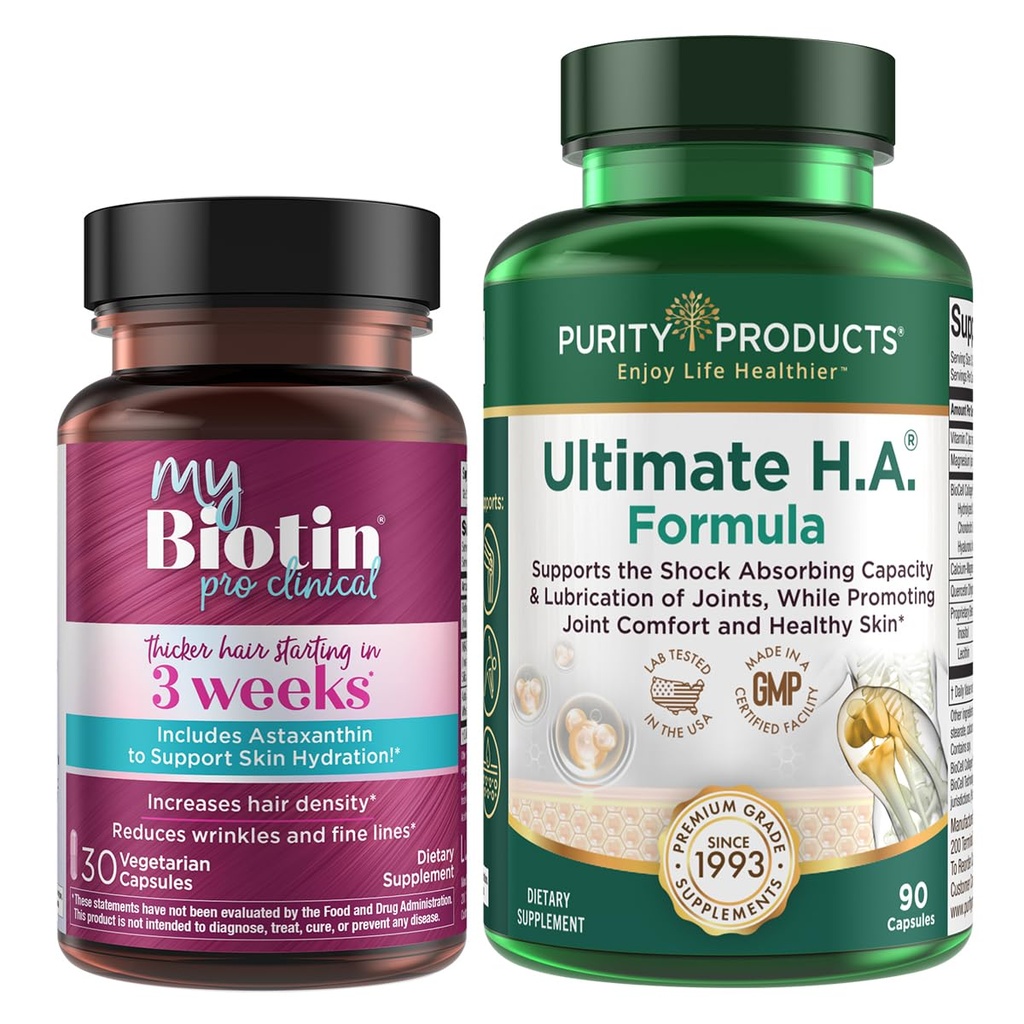 Purity Products Bundle - MyBiotin Proclinical + Ultimate H.A MyBiotin Proclinical (Biotin, MB40X Matrix, Astaxanthin) - Ultimate H.A. (BioCell Collagen, Quercetin, Hüaluroonhape + More)