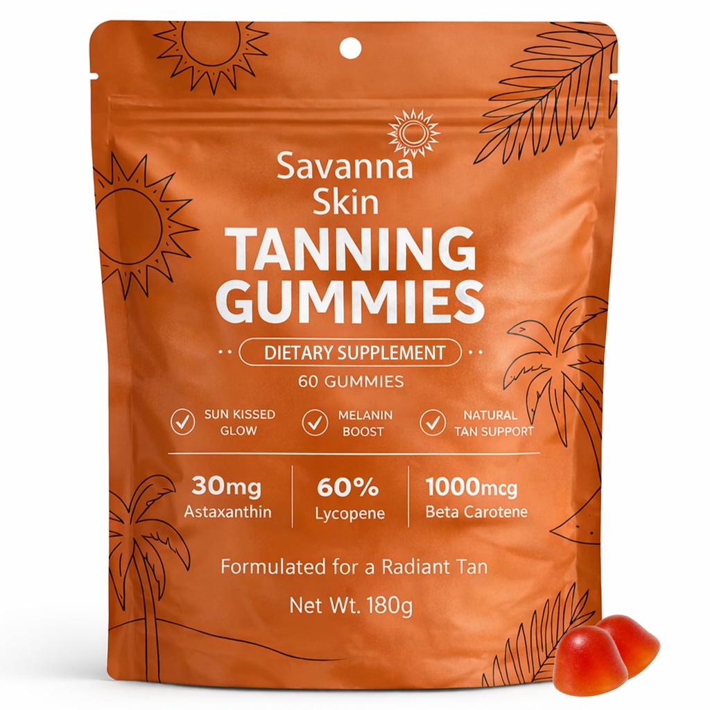 Savanna Skin Tanning Gummies, with Vitamin C & E, Astaxanthin, Beta Carotene, Skin Radiance & Hydration for Natural Looking Glow, Bronzing, Non-GMO, Vegan & Sugar Free - 60 Count (1)