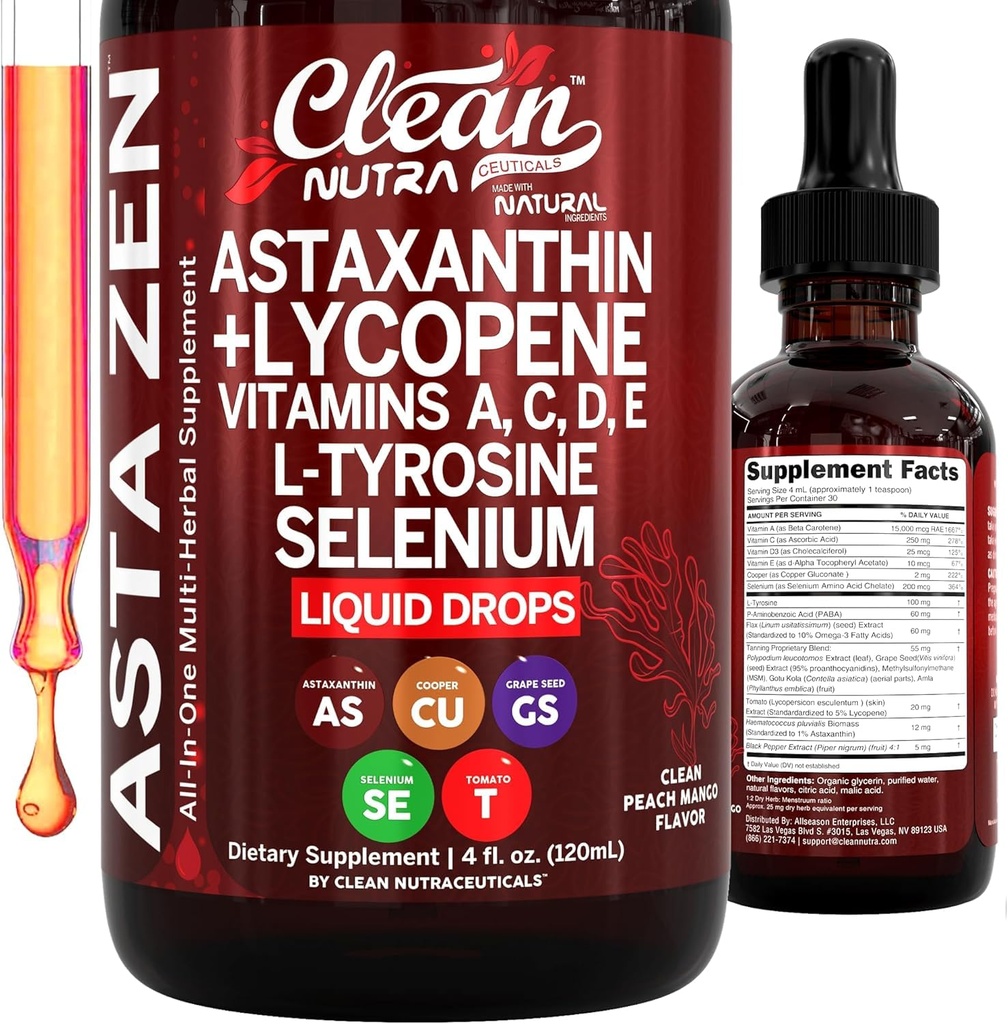 Puhas Nutra Astaksantiin Lükopeen Vedel tilgad Imendumistoetus Vitamiinid A C D E 4 fl oz – Tugev looduslik D3 C E A & Seleen L-türosiini valem Puhas Antioksüdant Segu tõhustatud toitainete omastamine