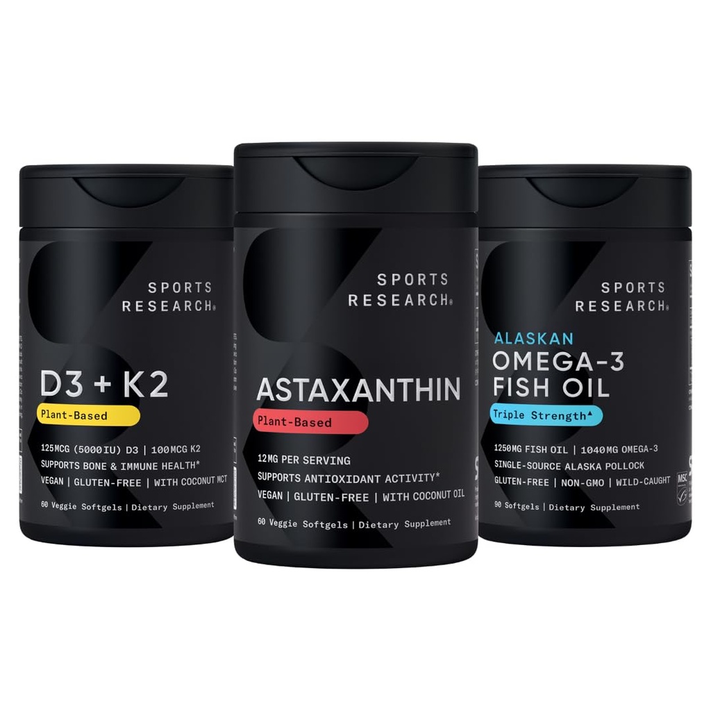Sport Research® Antioksüdant Support Pack w / kolm jõudu Vegan Astaksantiini Lisa vetikad, Omega-3 Kalaõli 1250mg ja Vitamiin D3 5000iu & Mk7 Vitamiin K2 kookospähkli MCT Õli