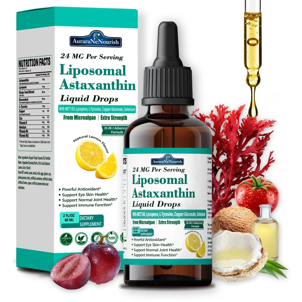 Liposomaalne astaksantiin 24mg Vedelad tilgad, 11-in-1 antioksüdant MCT õli, lükopeen ja orgaaniline kookosõli, värske mikrovetikate allikas, toetab silma liigese tervist naistele ja meestele, sidruni maitsed