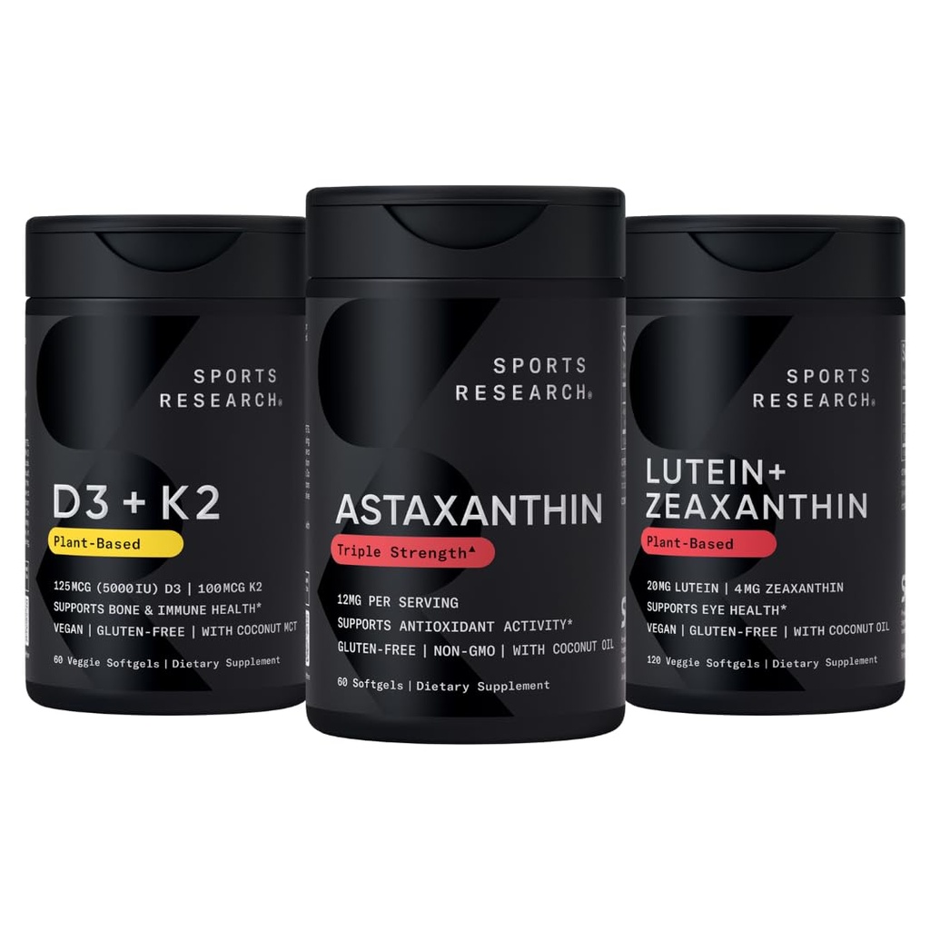 Sport Research® Antioksüdant Support Pack w / astaksantiini 12mg, Vitamiin D3 5000iu + K2 100mcg, ja Lutein 20mg + Zeaksantiini 4mg toidulisandeid - Vegan Certified · Non-GMO · Gluten & Soy Free