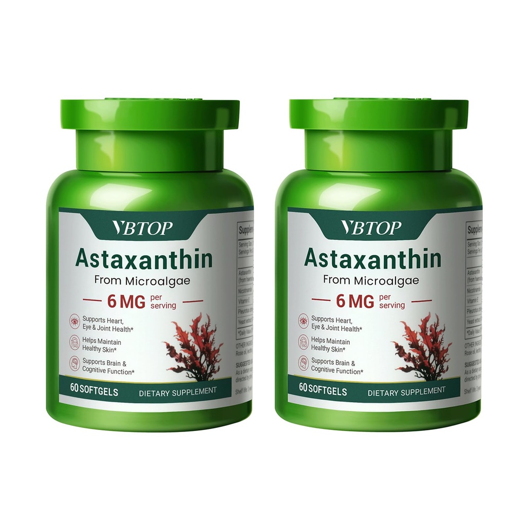 2 pudelit Astaksantiini 6 mg, Premium Astaksantiini lisandit antioksüdandi aktiivsusega, toetab silma, naha, liigeste ja immuunsüsteemi tervist. Värsked mikrovetikad, GMO-vabad, gluteenivabad - 120 pehmegeeli