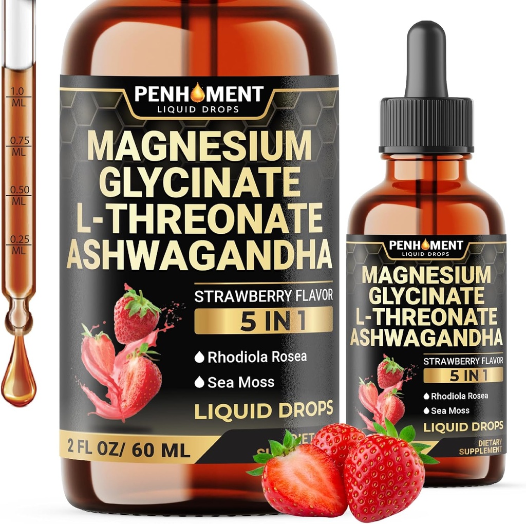5in1 Magneesiumglütsinaat Vedelad tilgad ashwagadha ekstraktiga, magneesium L-treonaadiga, Rhodiola Rosea, Sea Moss - Aju tugi ja immuunsüsteem - 2 Fl Oz - varu 30-päevane - maasikamaitse