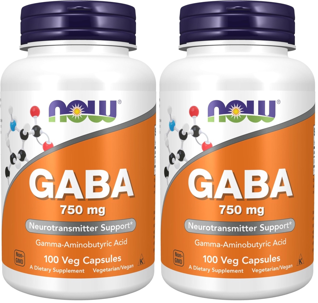 NOW Foods Supplements,GABA (gamma-aminovõihape) 750mg,Neurotransmitteri tugi *,100 Veg kapslit,(2. pakend)
