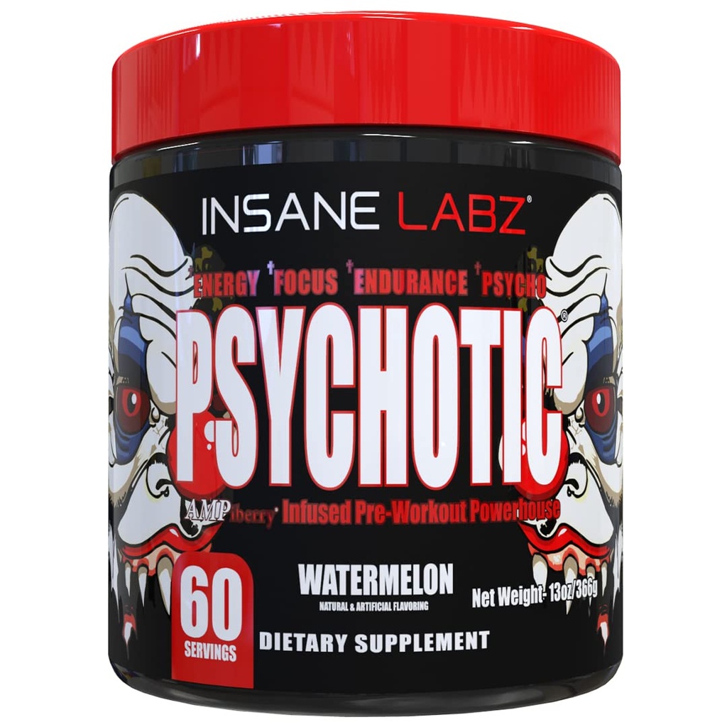 Insane Labz Psychotic, High Stimulant Pre Workout Pulder, Extreme Last Energy, Fookus ja vastupidavus beeta-alaniin, kreatiini monohüdraat, DMAE, 60 Srvgs, Arbuus