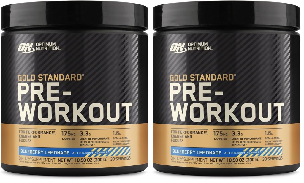 Optimum Nutrition Gold Standard Pre-Workout, D-vitamiin immuunsuse toetamiseks, kreatiini, beeta-alaniini ja kofeiiniga energia jaoks, Keto sõbralik, mustikalimonaadi, 30 serveerimist, (pakk 2)