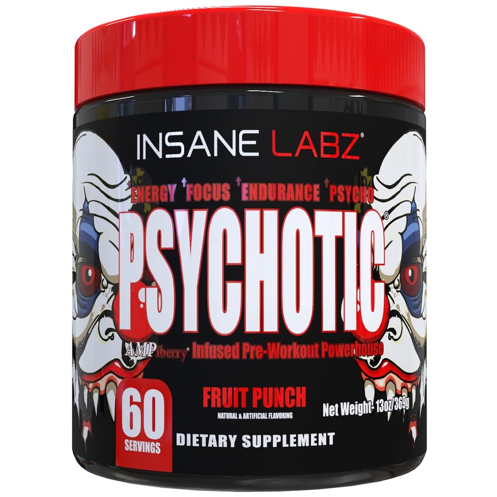 Insane Labz Psychotic, High Stimulant Pre Workout Pulder, Extreme Last Energy, Fookus ja vastupidavus beeta-alaniin, Kreatiin Monohüdraat, DMAE, 60 Srvgs, Fruit Punch