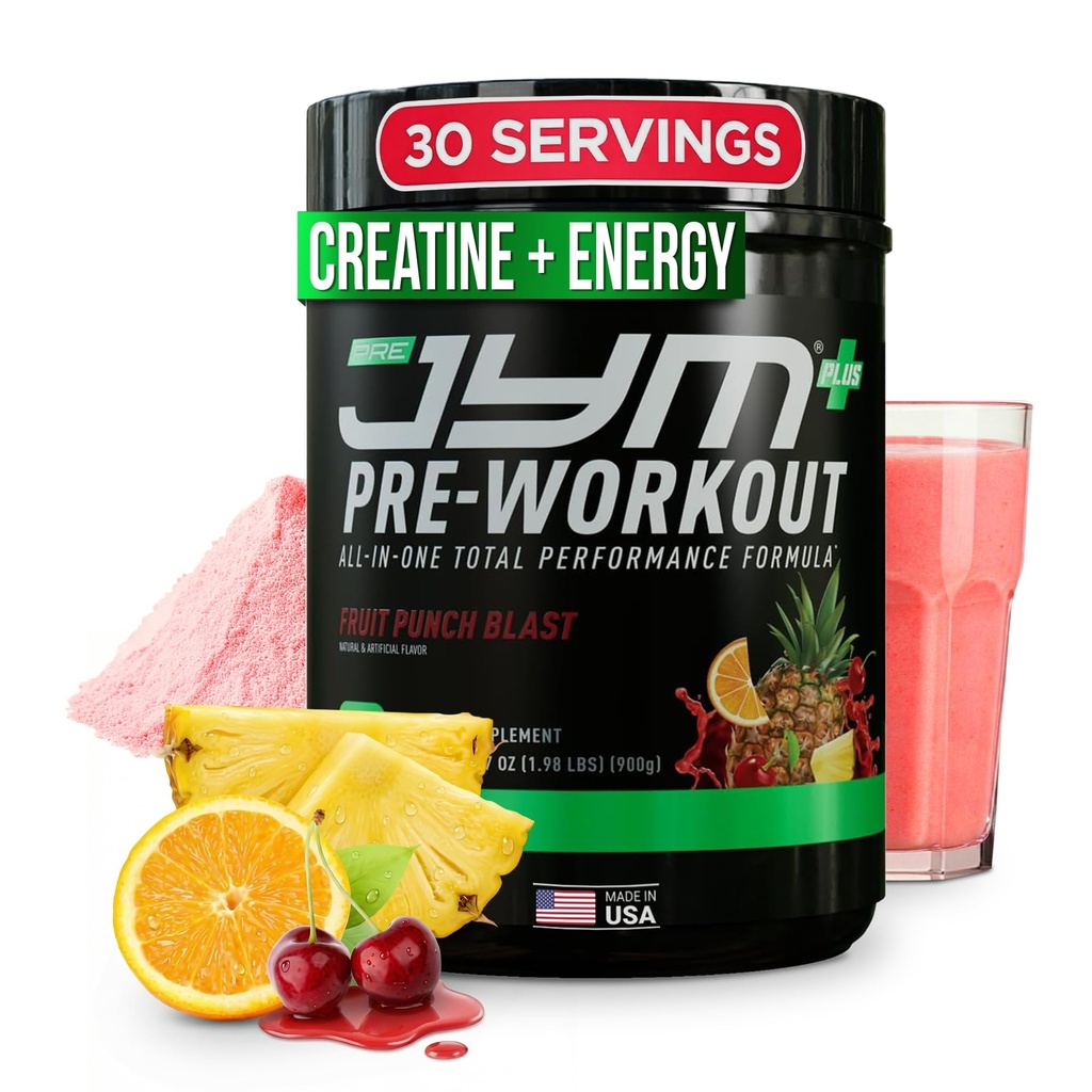 JYM Supplement Science Pre JYM Plus Fruit Punch Pre-Workout Powder, Amino Nitraadid, Kreatiin, Betaiin, Nootropics, BCAA, meestele ja naistele, 30 Servings