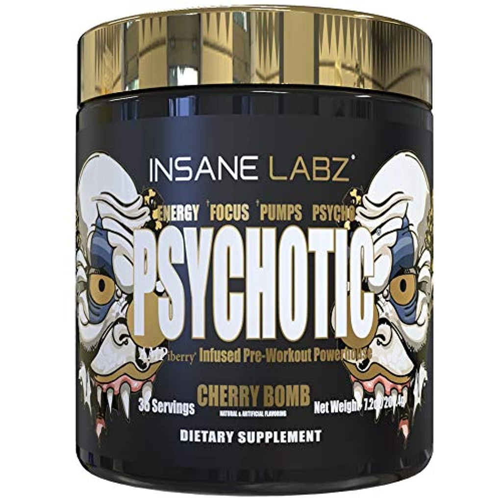 Insane Labz Psychotic Gold, High Stimulant Pre Workout Powder, Extreme Lasting Energy Focus, pumbad ja vastupidavus Beeta Alanine, DMAE Bitartraat, NO Booster (35 Servings, Cherry Bomb)
