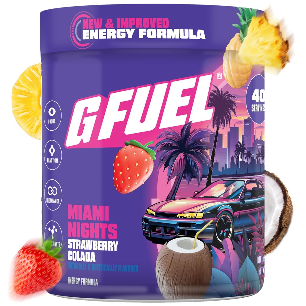 G Fuel Miami Nights 2.0 Energiajoogipulber, Pre Workout Kofeiinisegu hasartmängudeks, Sugar Free Focus Amino, Vitamiin + Antioksüdandid, 8,7oz (Maasikas Pina Colada, 40 Servings)