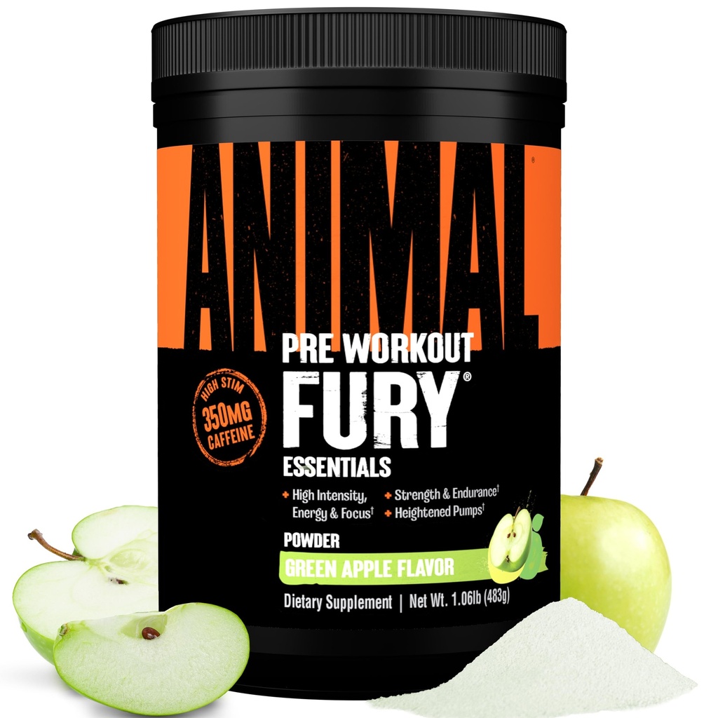 Animal Fury Pre Workout Pulber - Roheline Õun, 350mg Kofeiin, BCAA Aminohapped, 2g Beeta-alaniin, tsitrulliin ja türosiin, energia, fookus, tugevus, vastupidavus, ettevalmistus meestele ja naistele, 30 Servings