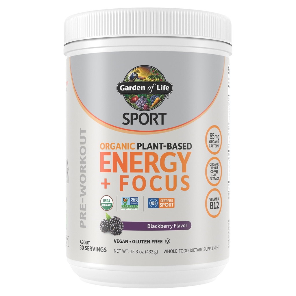 Garden of Life Sport Organic Plant Based Energy + Focus Clean Pre Workout Powder, 85mg Kofeiini, Natural No Booster, B12, Vegan, Gluteenivaba, Non-GMO, BlackBerry, 15,3 Oz