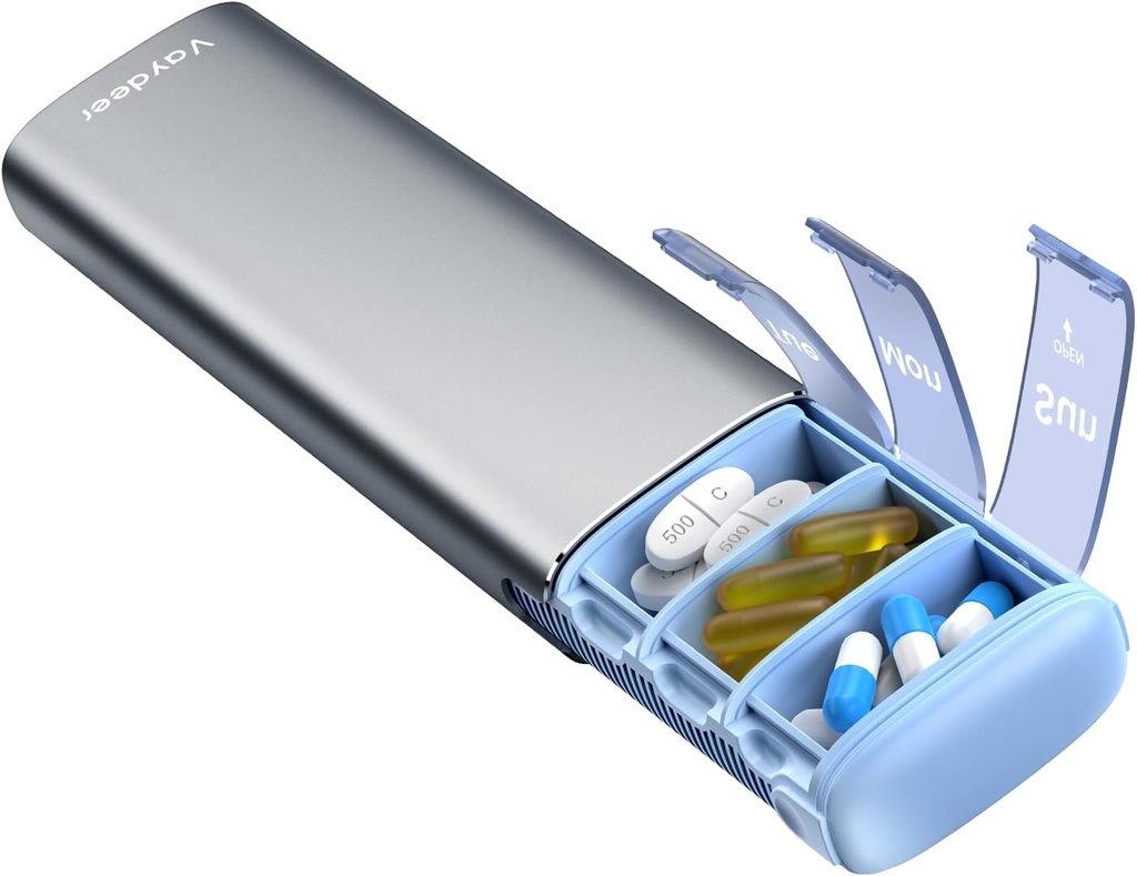 Vaydeer Metal Travel Pill Korraldaja, 7 päeva nädalas Pill Box, suure mahutavusega Daily Cute Pill Case toidulisandeid, pillid, vitamiinid ja ravimid (Small,Gunmetal)