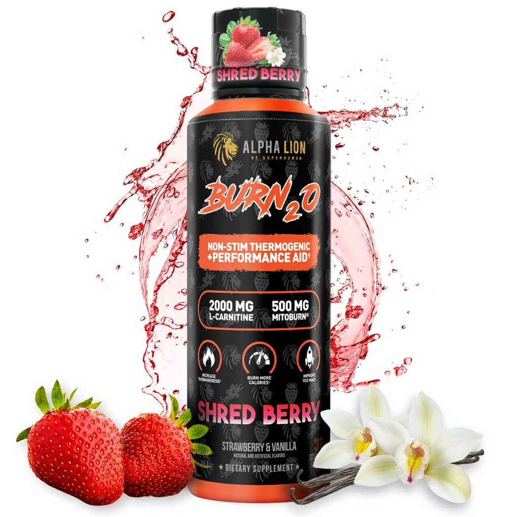ALPHA LION Burn2O L-karnitiin Liquid 2000mg, Premium Vedel Rasvapõletaja & Pre-Workout Supplement for Men & Women - Natural Energy & Metabolism Booster kaalulangus - ShredBerry