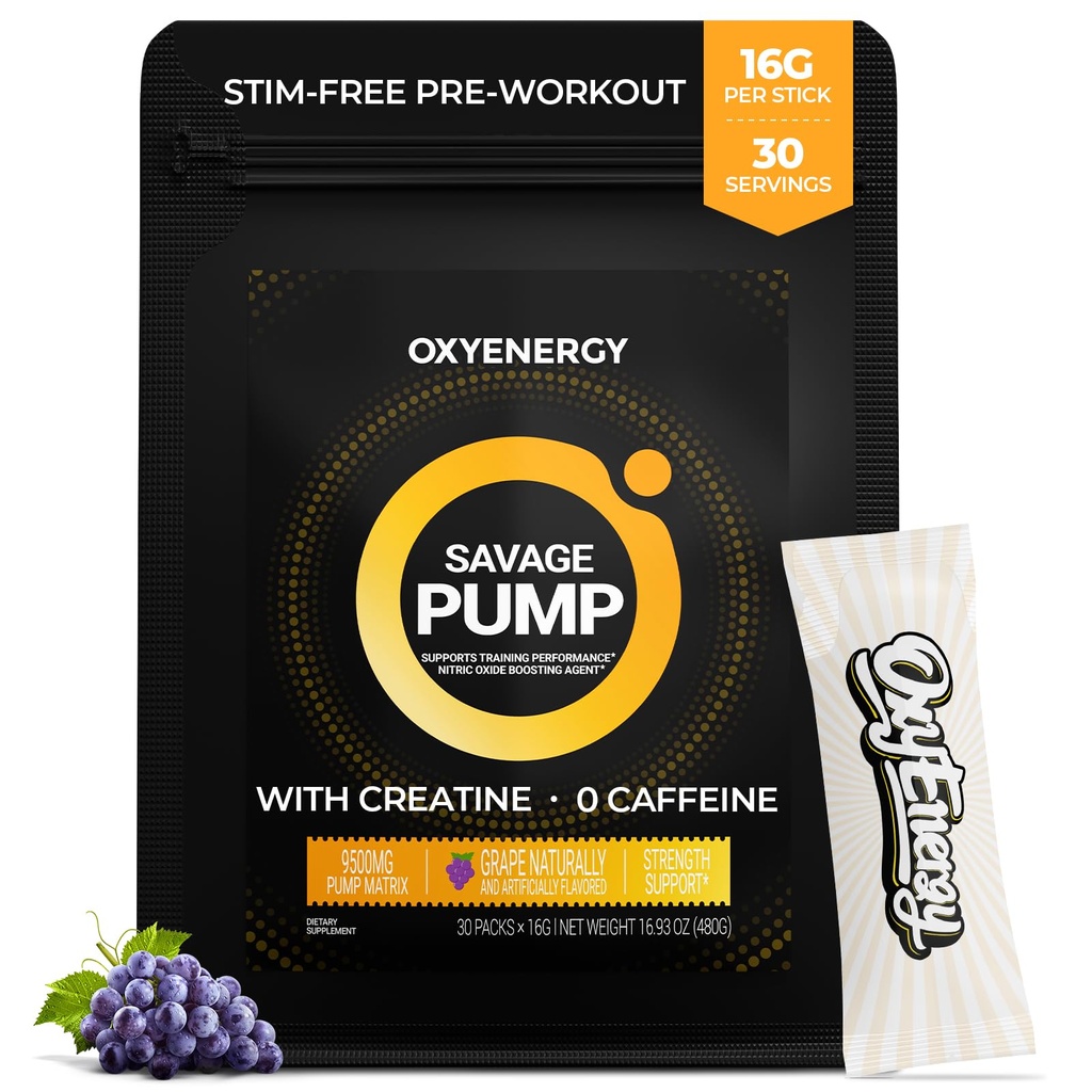 OxyEnergy Nitric Oxide Booster, Max Pump Non Stim Pre Workout Powder for Men, Beta Alanine, L Citrulline, Kreatiin ringluseks, Lihaspumbad, Kestvus, Viinamarjad, On-The-Go Packet - 30 Servings