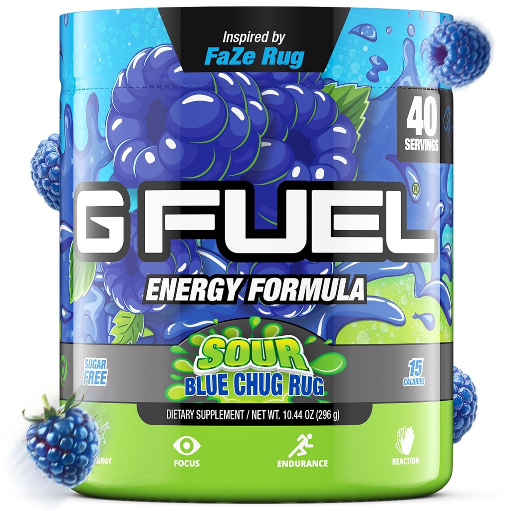 G Fuel Chug Rug energiajoogi pulber, Pre Workout Kofeiinisegu hasartmängudeks, Sugar Free Focus Amino, Vitamiin + Antioksüdandid, 10,44oz (Sour Blue Vaarika, 40 Servings)