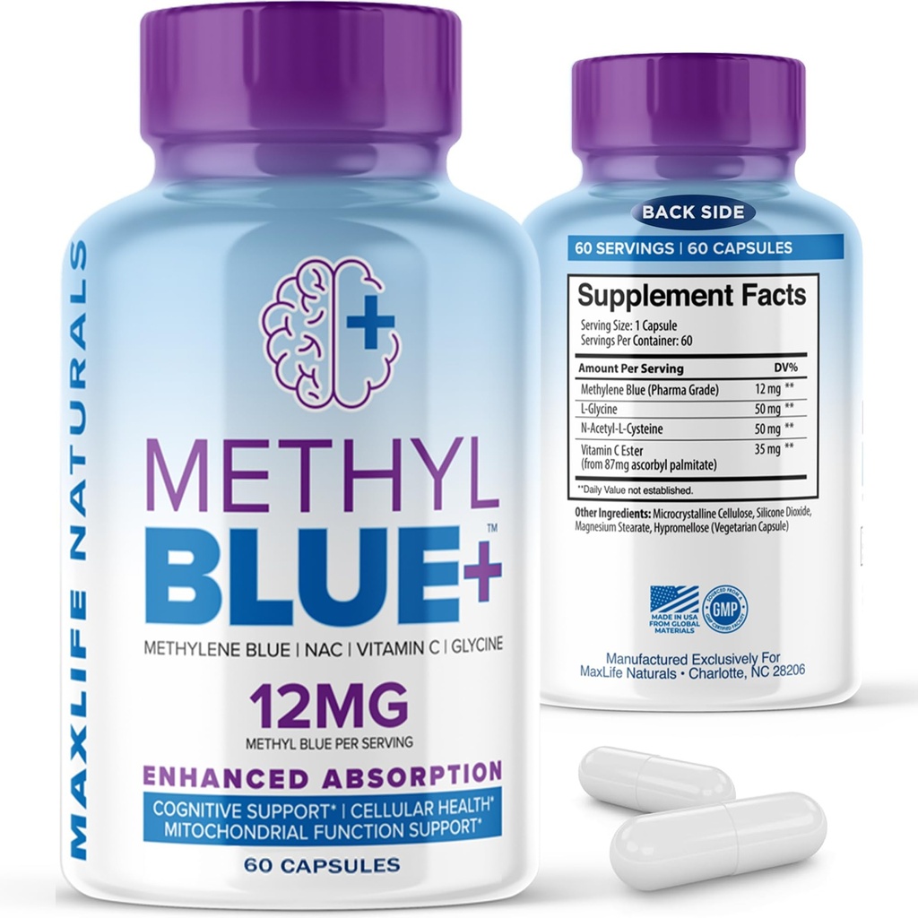 MAXLIFE NATURALS Puhtad Metüleensinised kapslid, Ultimate Metüleen Blue Pharmaceutical Hinne 12mg - 60 kapslit C-vitamiini Ester & NAC glütsiiniga, toetab rakulist ja kognitiivset funktsiooni, valmistatud USA-s