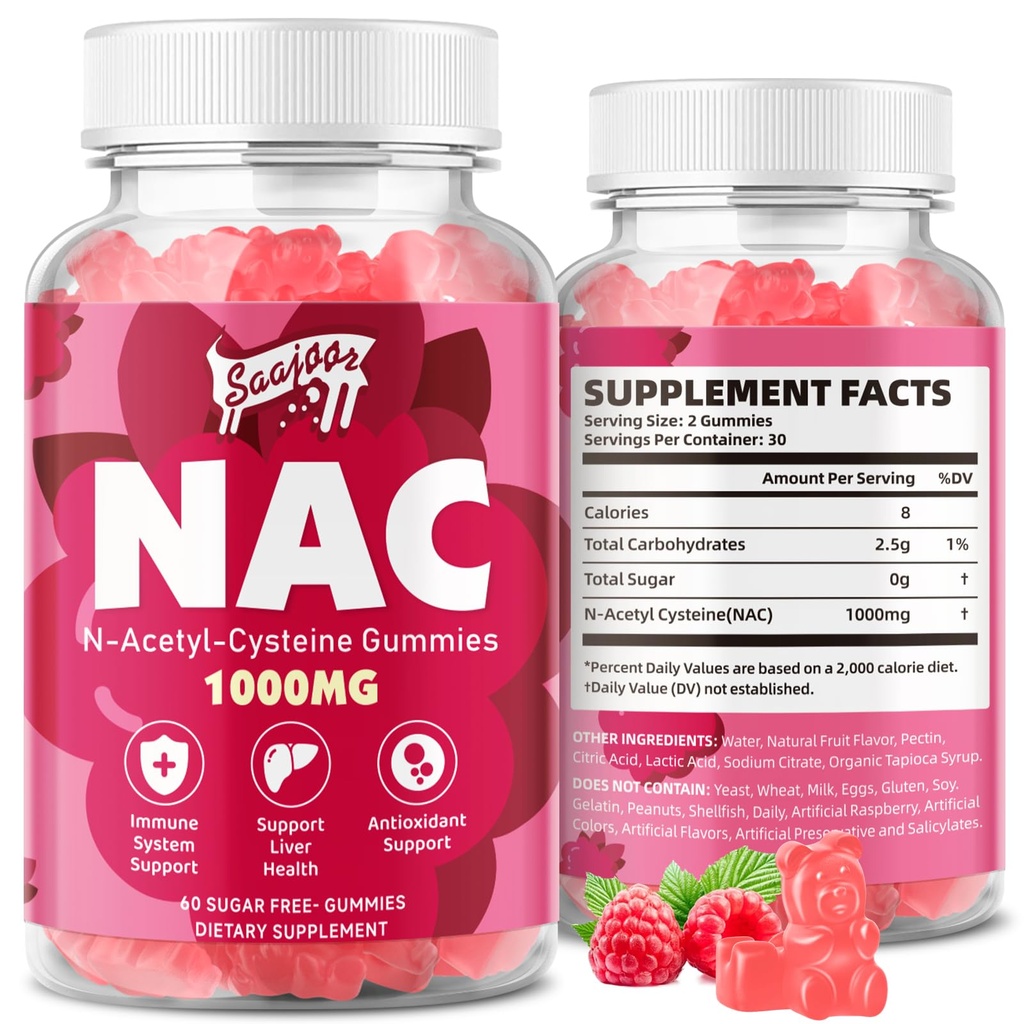 NAC Gummies Sugar-Free, N-atsetüül Cysteine NAC Supplement 1000mg antioksüdandid, Immune Support, Non-GMO, Gluteenivaba, Vegan - Vaarika Maitse, 60 Gummies
