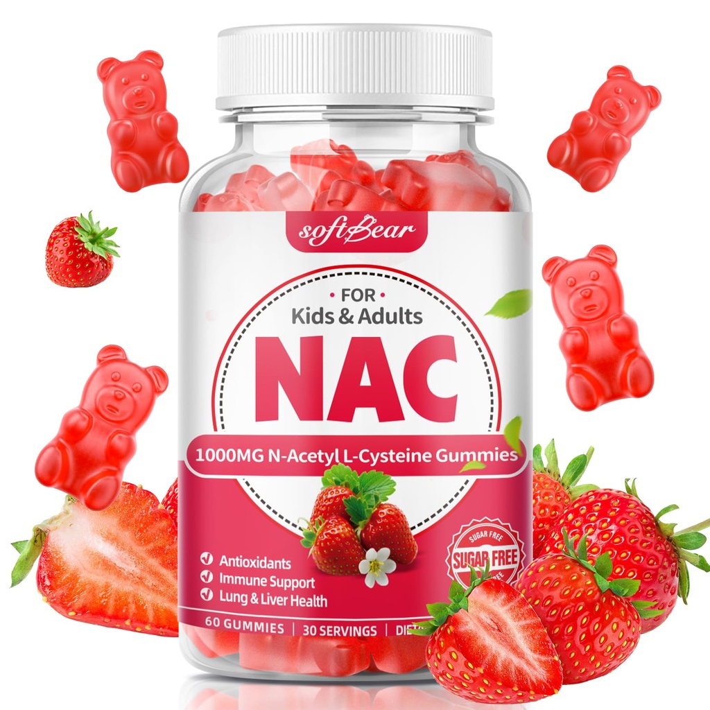 softbear NAC Gummies lastele ja täiskasvanutele, NAC-i lisa 1000mg N atsetüültsüsteiin toetab kopsude ja maksa tervist, antioksüdante ja immuunsüsteemi, maasika maitse 60 krahv