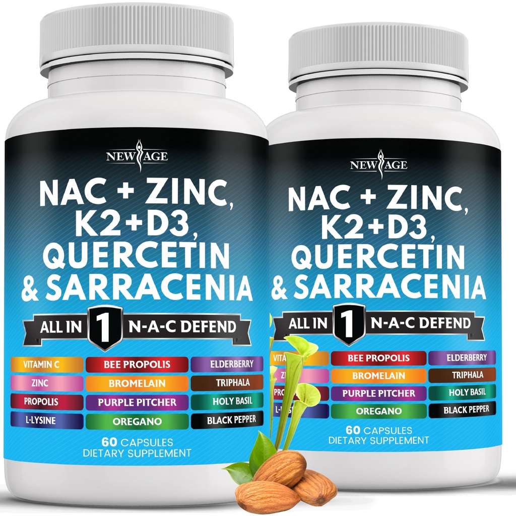 NEW AGE NAC täiendus N-atsetüültsüsteiin- vitamiiniga D3, K2, Tsink, Quercetin, Triphala, Sarracenia Purpurea, Elderberry, Püha basiilik, Bee Propolis, Bromelain, L-lüsiin - 120 krahv