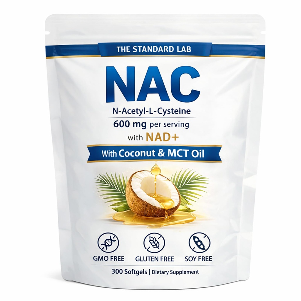 Standard Lab NAC 600mg koos NAD+ Igapäevane kompleks, N-atsetüültsüsteiini lisakapslid, antioksüdantide toetusvalem, vegan, GMO-vaba, 300 Softgels