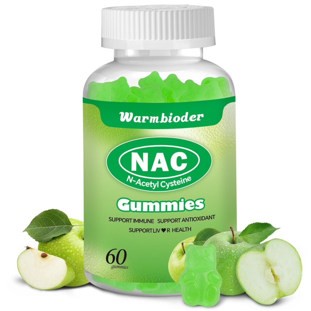 NAC Gummies täiskasvanutele ja lastele 1200mg, NAC-i lisa N-atsetüültsüsteiin, immuunsuse tugi, NAC närimistuge Maksa tervis, suhkruvaba, roheline õunamaitse