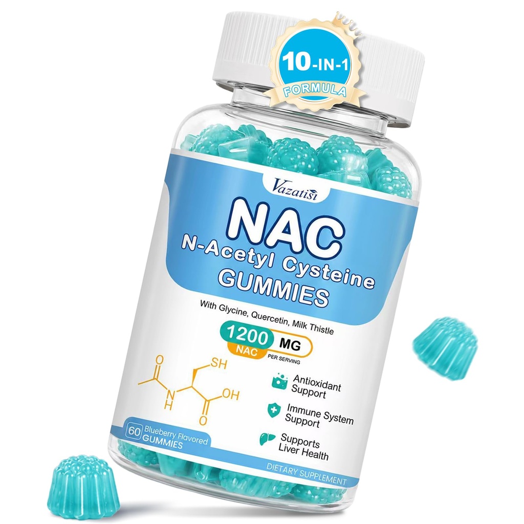 NAC Gummies, NAC täiendus piimaohakaga, Selenium, B6, B12 - antioksüdant, immuuntoetus - N atsetüültsüsteiin 600 mg kummi kohta - mustikamaitseline, 60 Ct