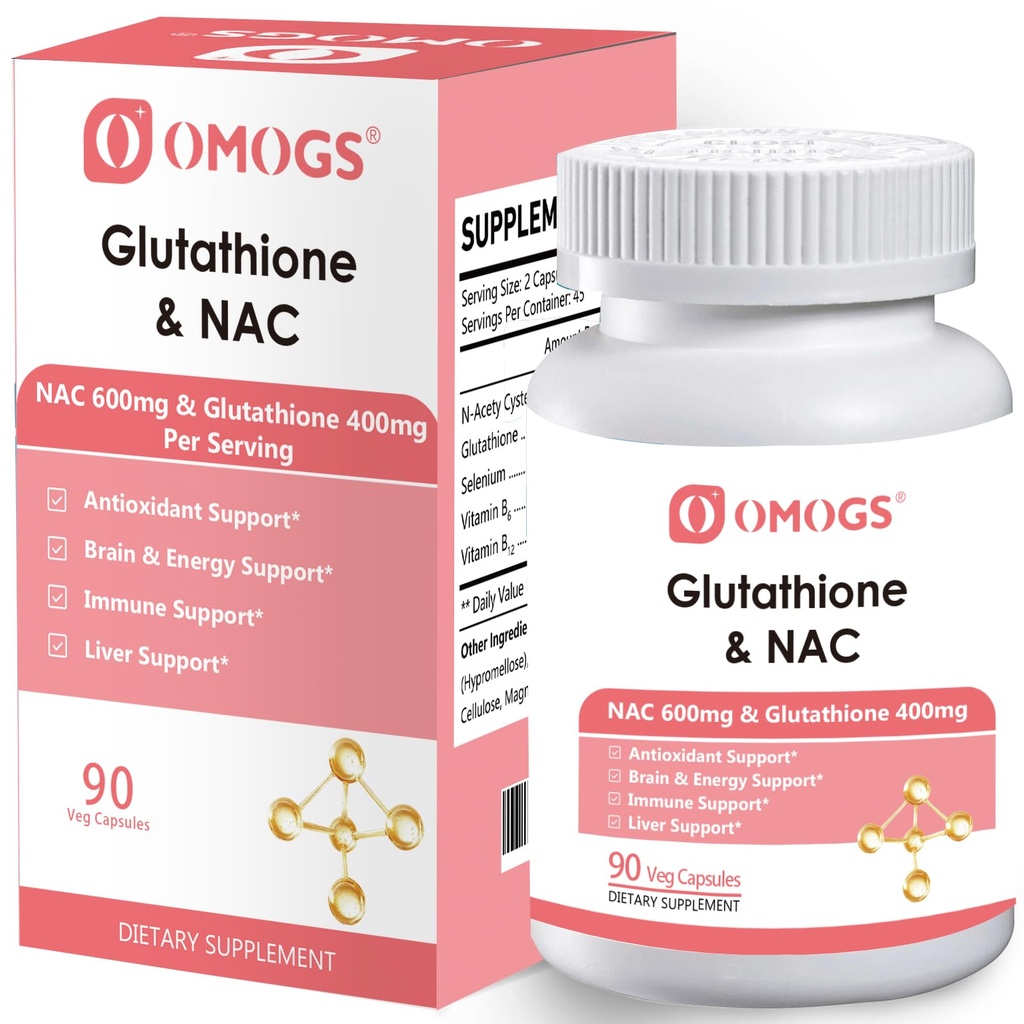 OMOGS Glutatioon & NAC täiendus, vtamin B & Selenium, toetab maksa tervist, rakulist, antioksüdandit, energiatootmist ja immuunsust, Vegan & Gluteenivaba, 90 Veg kapslit.