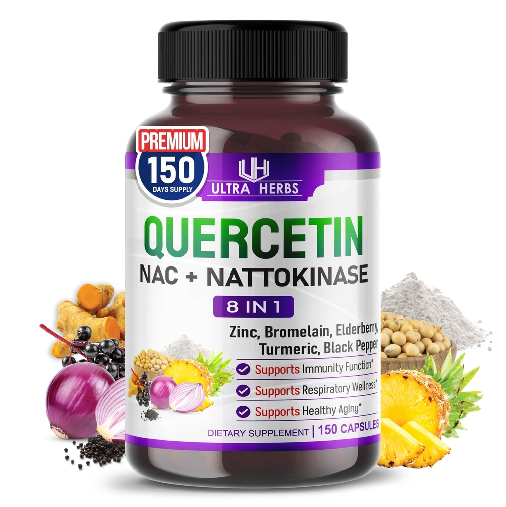 Quercetin Supplement Bromelain, C-vitamiin ja tsink, Nattokinase, NAC, Elderberry, Elderberry | 8 in 1 Ultra Antioksüdant kompleksi Immune Health | 150 kapslit