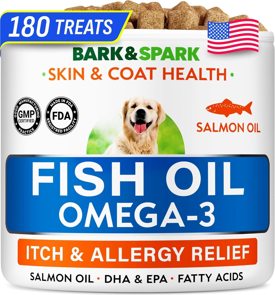 BARK & SPARK Omega 3 koertele - 180 kalaõli ravib koerte langemist, nahaallergiat, sütiku leevendust, kuumade kohtade ravi - liigeste tervis - naha- ja karvalisand - EPA & DHA rasvhapped - koerte lõheõli