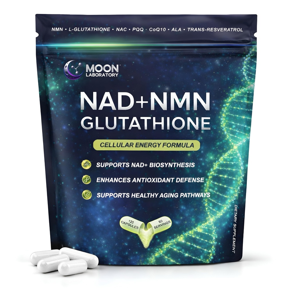 NMN + L-glutatiooni lisand - NAD + tugi, mitokondriaalne energia ja antioksüdantide kaitse koos CoQ10, NAC, PQQ & alfa-lipohappega - 120 kapslit. Täitepakk