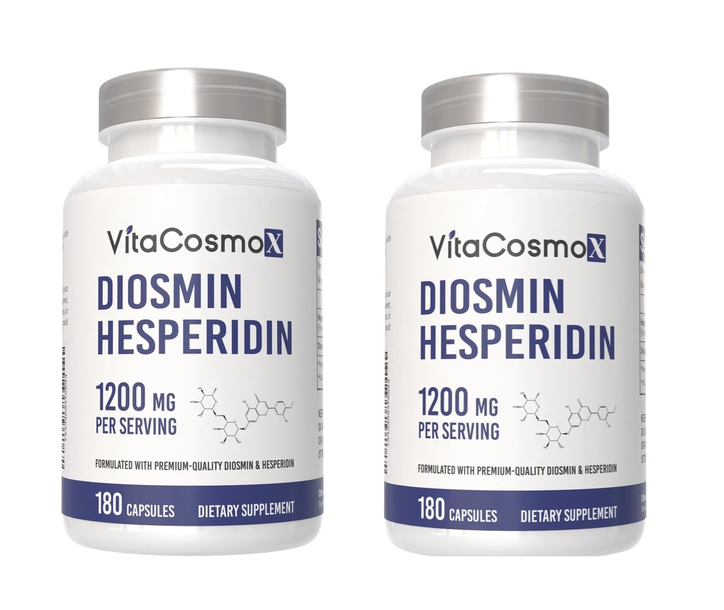 Diosmin Hesperidin 1200 mg kompleks, 180 kapslit, tsitruselised Bioflavonoidid Rikkalik puuviljaekstrakt, 100% taimetoitlane, mitte-GMO ja gluteenivaba diosmiinilisa koos Max tugevusega - 2 pakendit