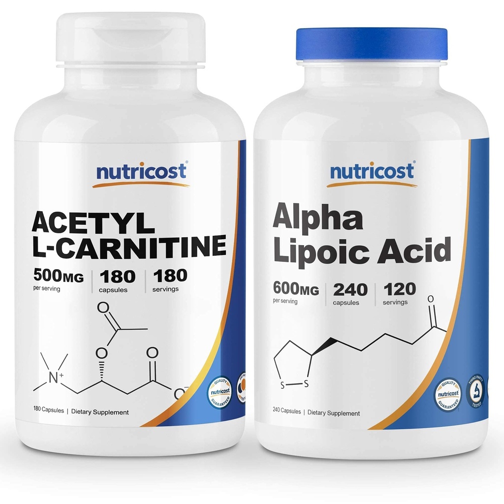 Nutrikost alfa lipohape 600mg, 240 kapslit ja atsetüül L-karnitiin 500mg, 180 kapslit