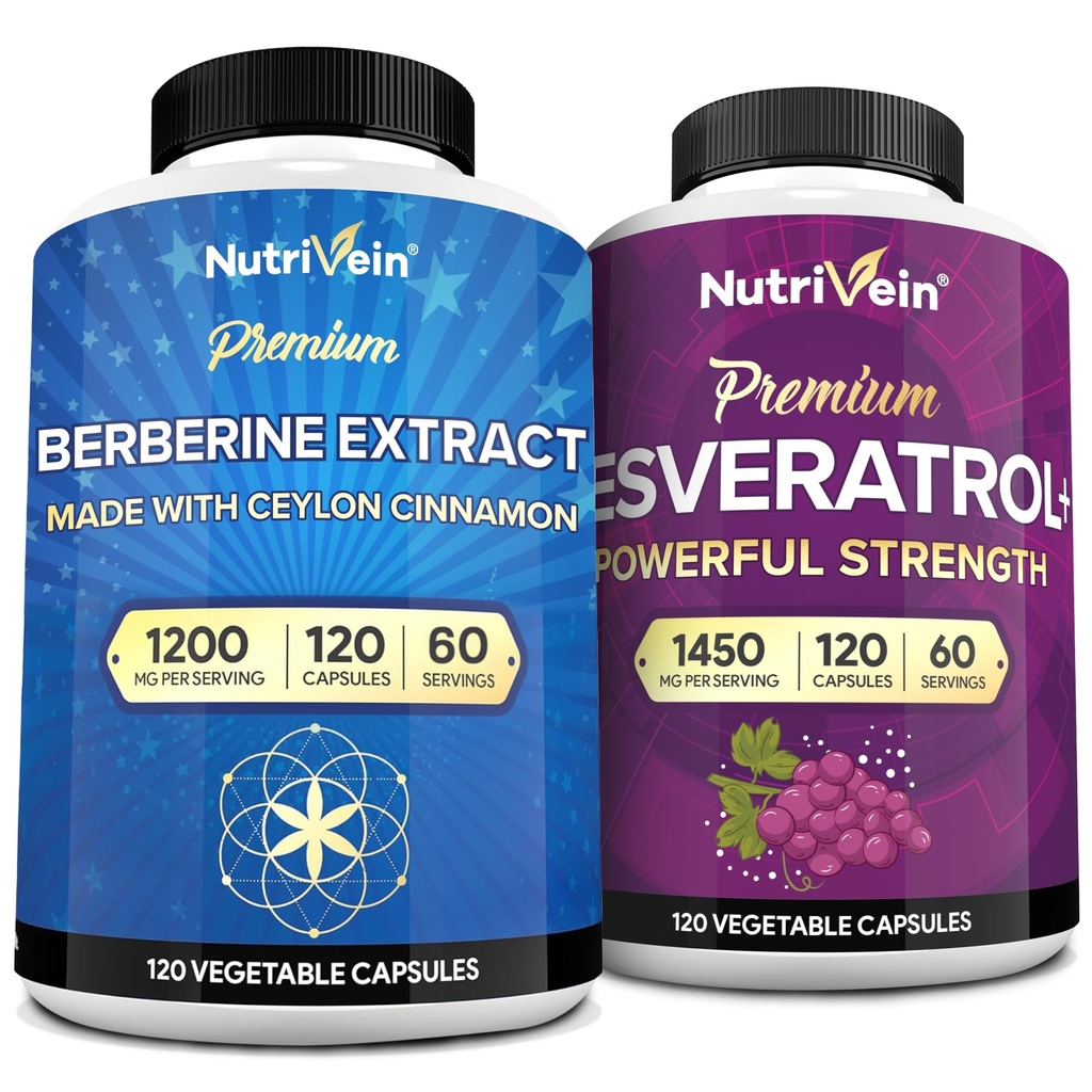 Nutrivein Premium Berberine 1200mg & Resveratrol Bundle - with Ceylon Cinnamon & Antioxidant with Acai Berry - Weight Management & Immune Plus Joint Support - Non-GMO, Vegan/Vegetarian - 120 Caps