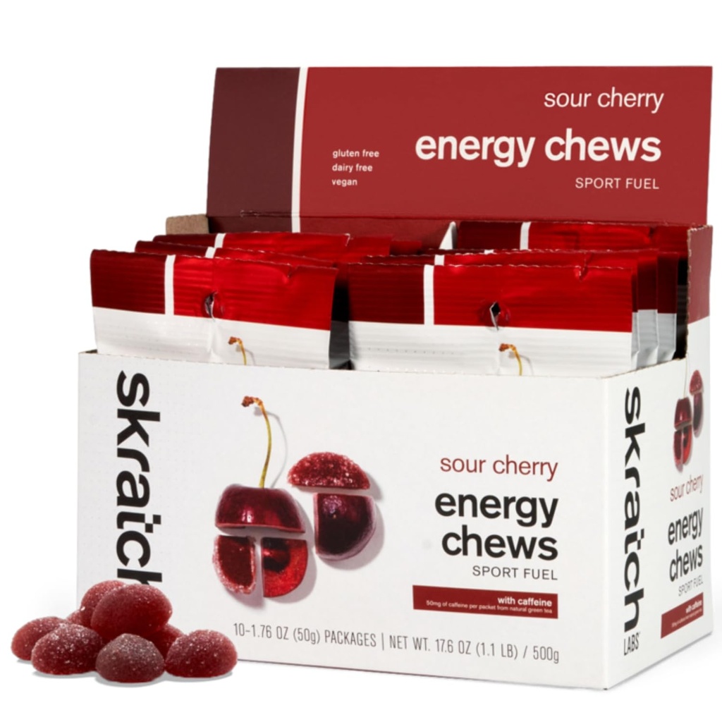 Skratch Labs Energy Chews | Kofeiinikummid jooksmiseks, jalgrattasõiduks ja spordiks | Gel Alternatiiv | Hapu Kirs (10 Pack) | Gluteenivaba, vegan