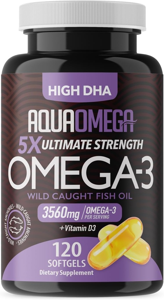 5X Ultimate Strength Omega 3 kalaõli toidulisandeid EPA ja DHA Omega-3 rasvhapped ja D-vitamiin, Burpless Fish Oil Omega3 koos kõrge DHA toidulisandeid, maitsestamata Omega3 täiendus, 120 Softgels