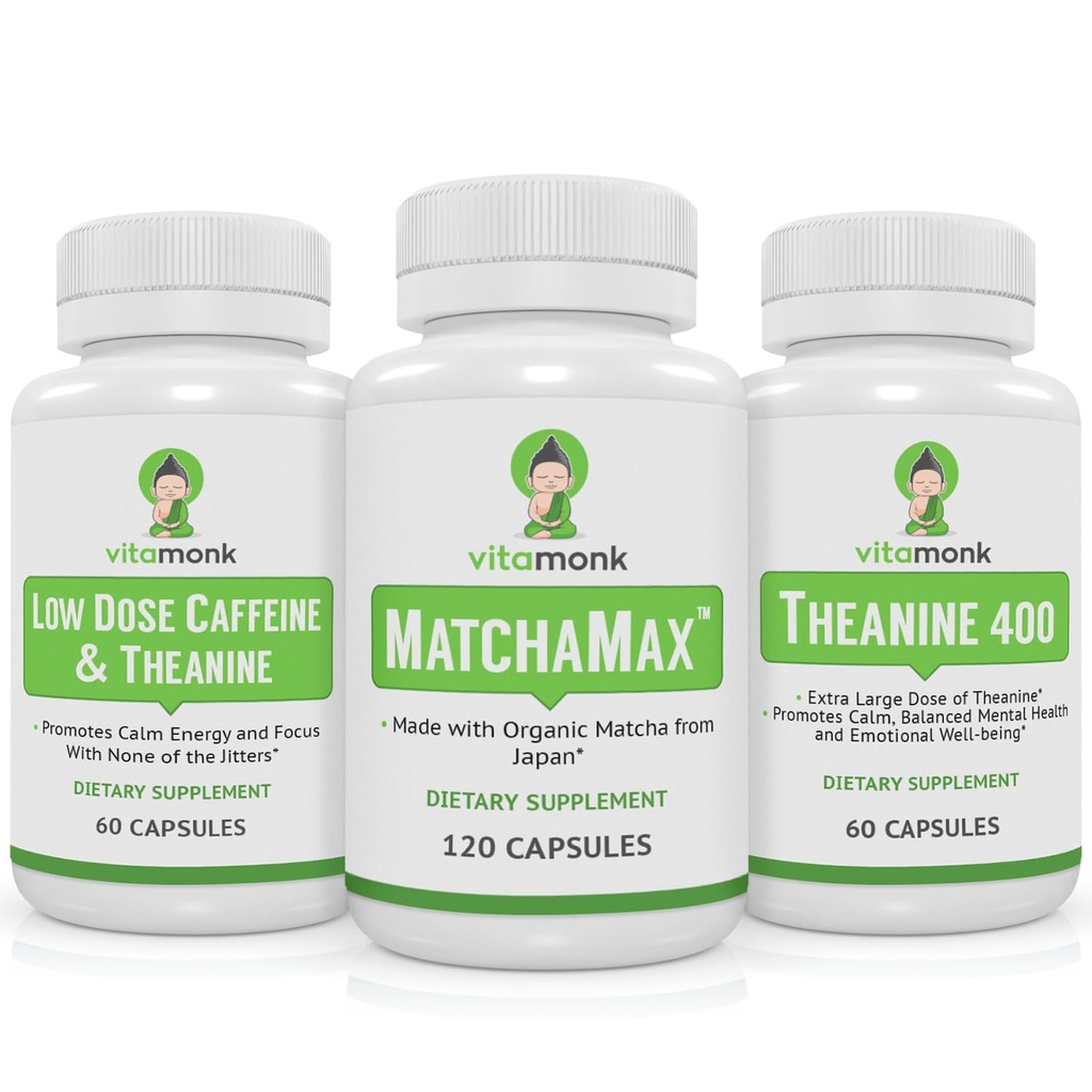 VitaMonk Matcha, väikese annuse kofeiin ja Theanine Bundle - rahulik, keskendunud energia ilma Jittersita