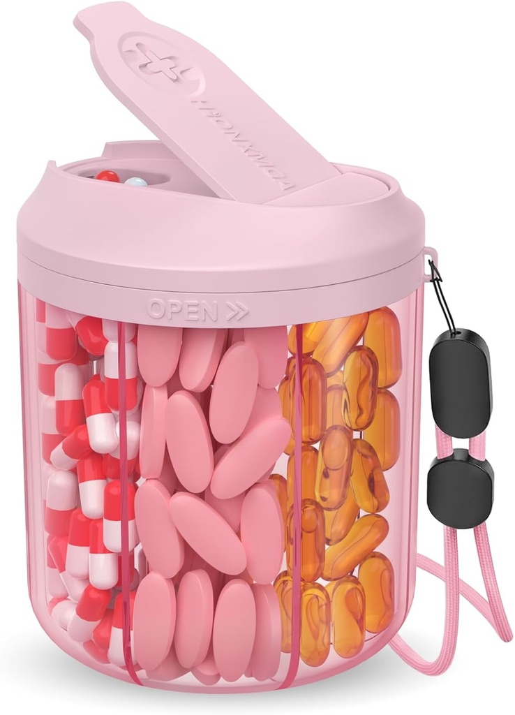 Pill Dispenser 7 suurt komponenti, 4.4 "H x 3.6" Dia Pill Korraldaja reisimiseks, täiendus Korraldaja Anti-Mixing Design, BPA-Free Pill Konteiner 20 Pcs Sildid, roosa