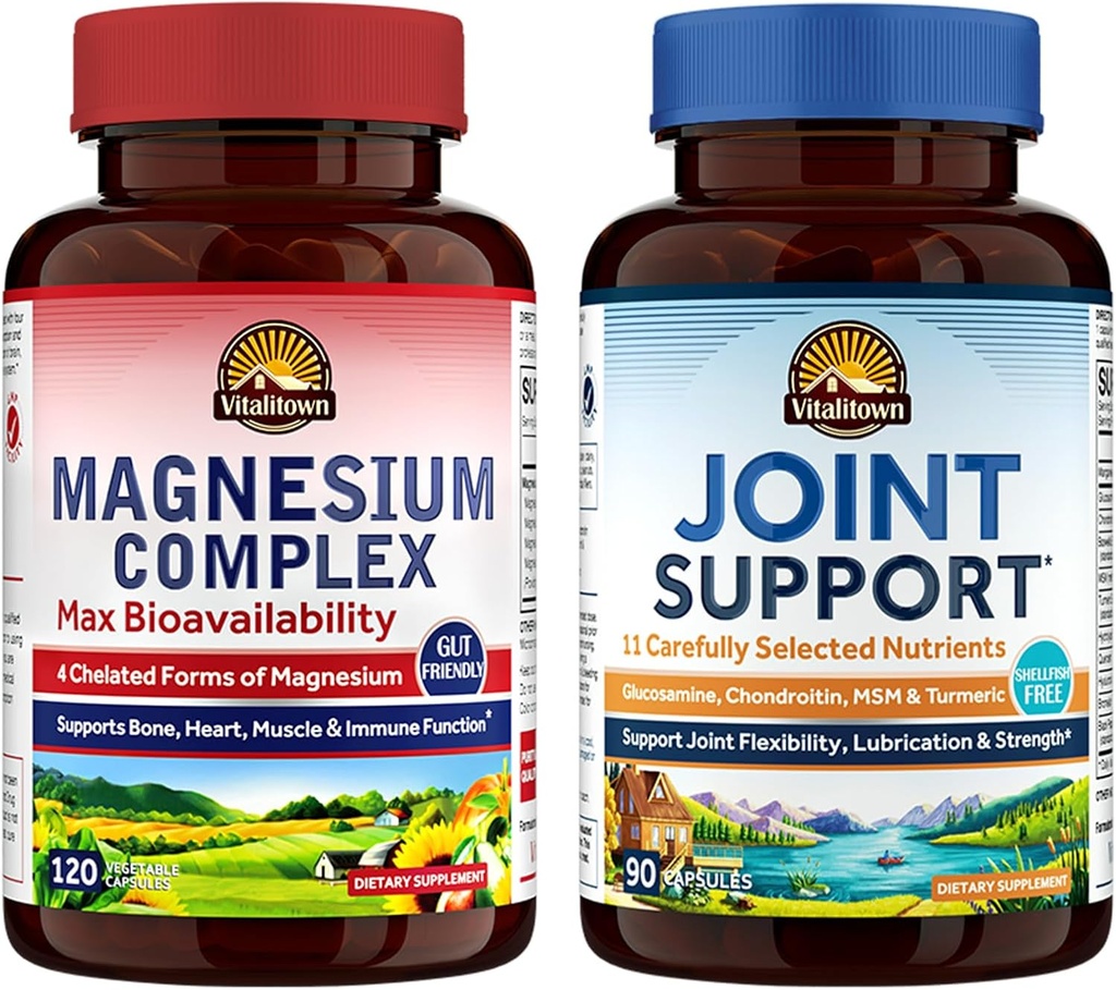 Vitalitown Magneesium + Glükoosamiin Chondroitin MSM Bundle (2. pakk) | Magneesiumi kompleks (punkt 1) & liigese tugi * (punkt 2) | 120 magneesiumkapslit & 90 liigesekapslit